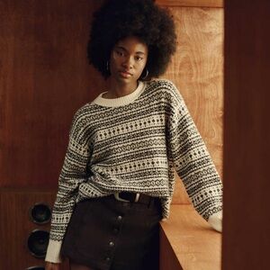 AE Whoa So Soft Crew Neck Sweater Cream & Black Fair Isle Patterned Knit